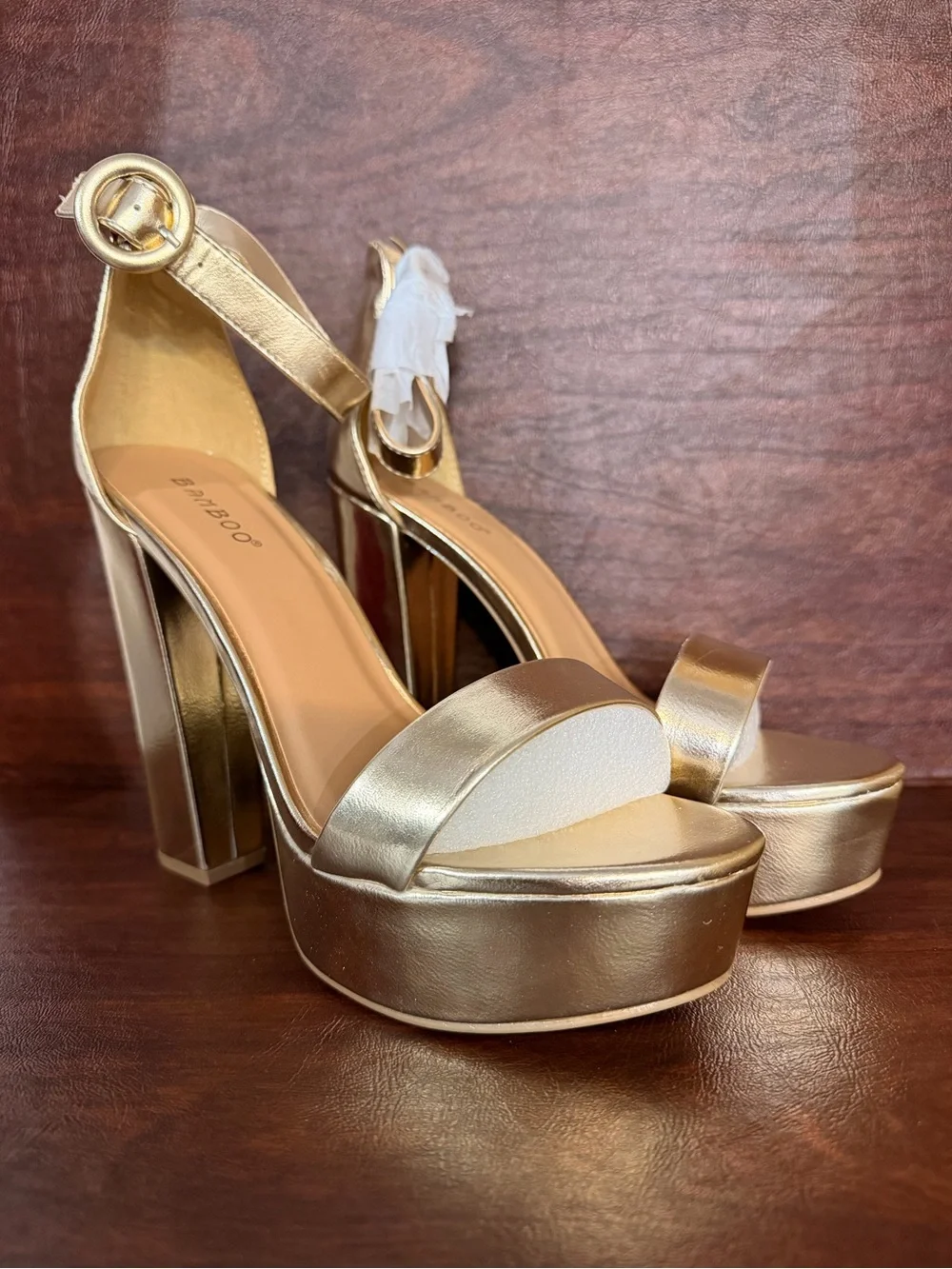 BAMBOO Metallic Gold Platform Block Heel Sandals 7.5